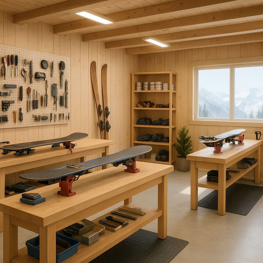 Heller Ski-Workshop mit Servicebänken und ausgerichteten Werkzeugen