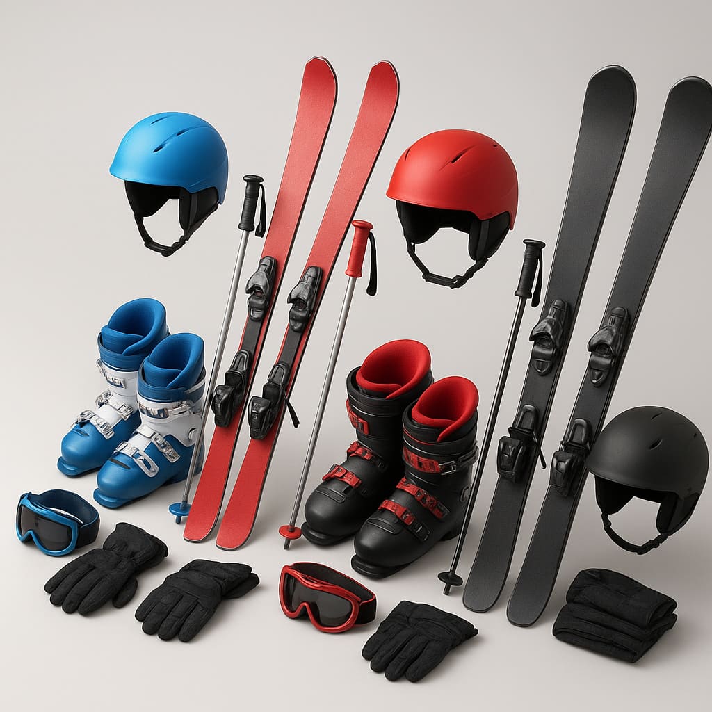 Familien-Ski-Set mit verschiedenen Größen von Ski, Helmen, Schuhen und Stöcken