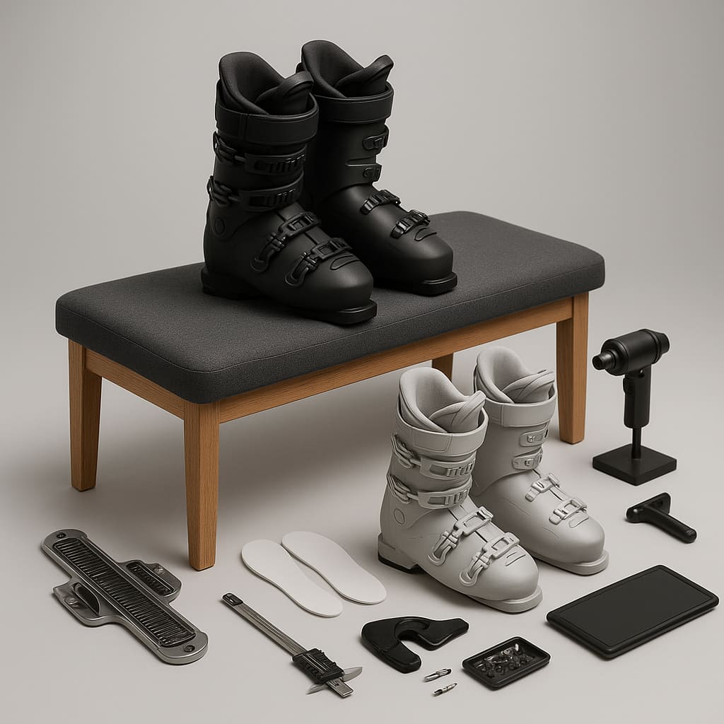 Skischuhe auf einer Bootfitting-Bank mit Messwerkzeug
