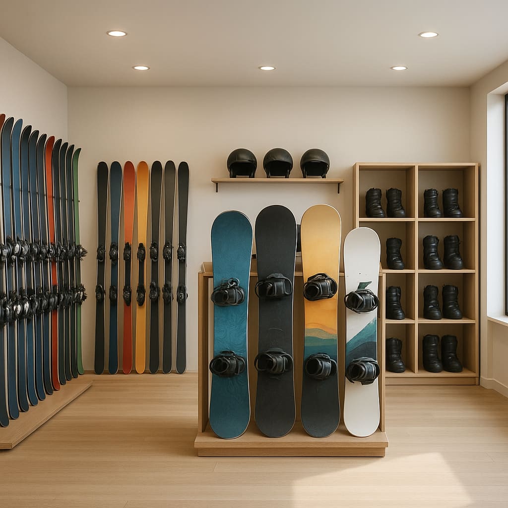 Modernes Ski- und Snowboard-Sortiment im Verleih